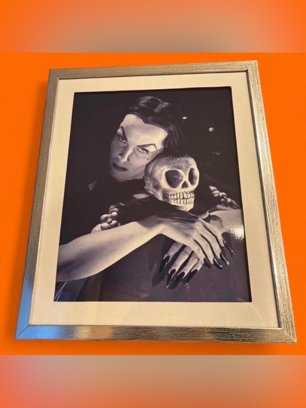 8x10” Vampira embracing skull 💀 Framed Gothic Skull Art Print in Silver Frame